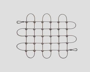 A piece of stainless steel square rope mesh with cross clips.