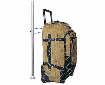 A luggage is put into a stainless steel rope mesh which is locked to a pole.